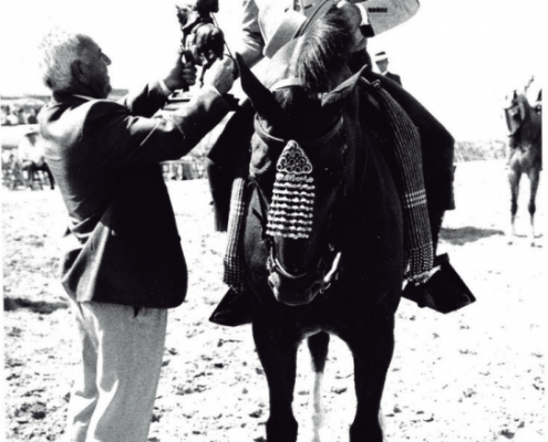 Picture of young Luis Rivera, riding the stud Mylord and accepting the prize to the Best Ensemble Rider Horse, awarded by José Fuentes in El Rubio.